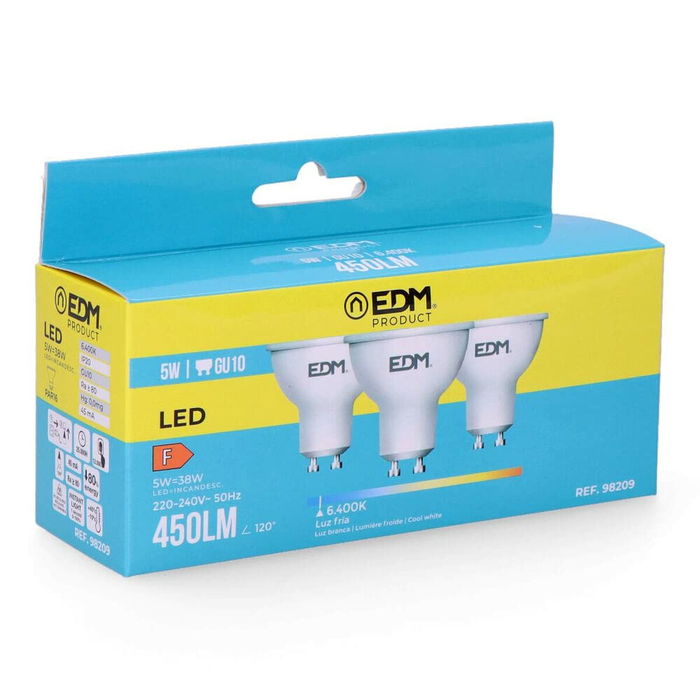 Pack de 3 ampoules LED EDM 98209 F 5 W 45 W 38 W GU10 450 lm Ø 5 x 5,5 cm (6400 K) Pack de 3 ampoules LED EDM 98209 F 5 W 45 W 38 W GU10 450 lm Ø 5 x 5,5 cm (6400 K)