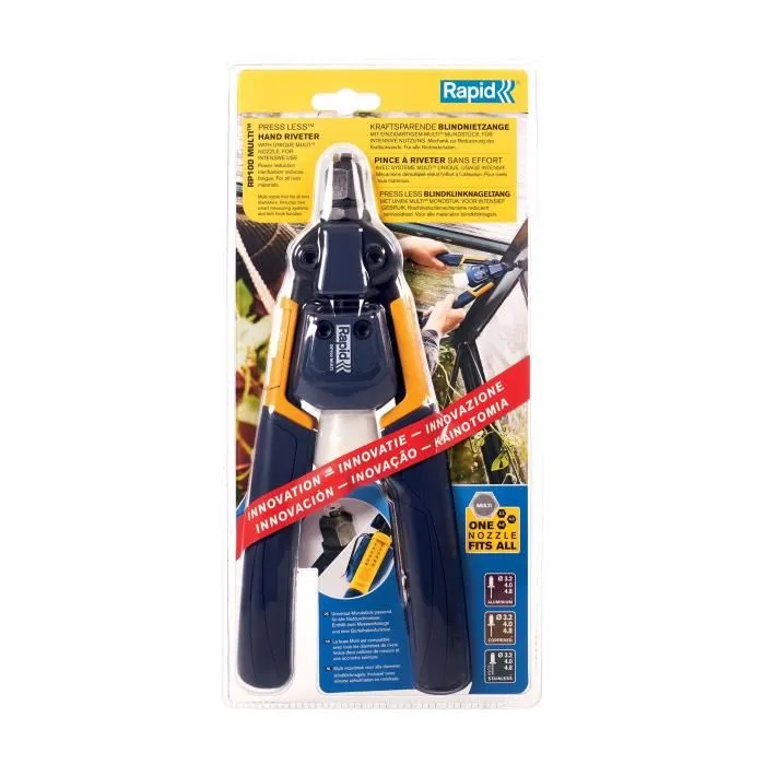 Rapid RP100 Multi - Pince à riveter démultipliée puissante et ergonomique pour rivets acier inoxydable et aluminium (3.2 à 4.8 mm), avec buse Multi, clé et 100 rivets inclus Rapid RP100 Multi - Pince à riveter démultipliée puissante et ergonomique pour rivets acier inoxydable et aluminium (3.2 à 4.8 mm), avec buse Multi, clé et 100 rivets inclus