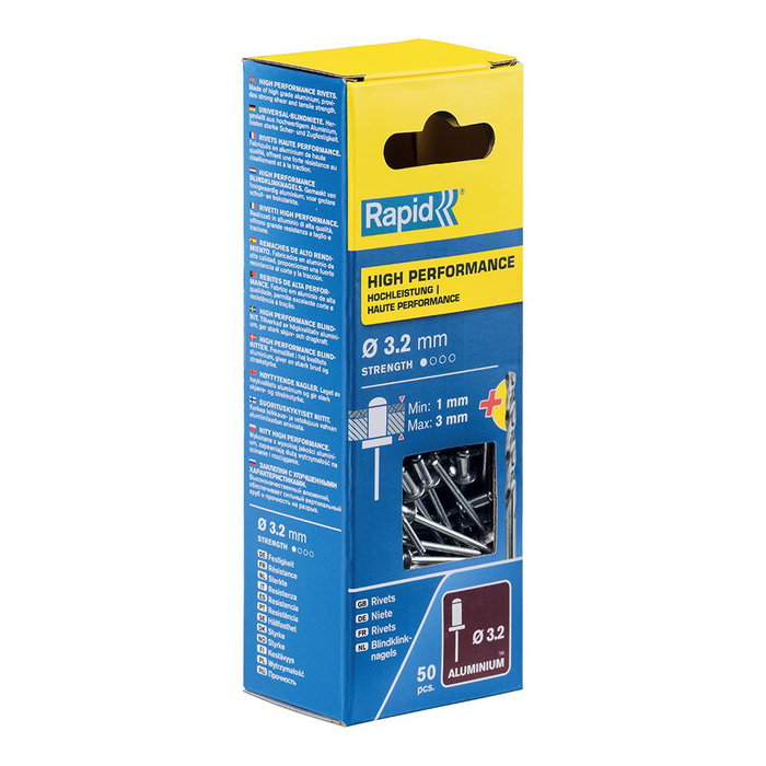 Rapid Remaches à tête fraisée aluminium Ø 3.2 x 6 mm blister 50 pièces + foret métal Rapid Remaches à tête fraisée aluminium Ø 3.2 x 6 mm blister 50 pièces + foret métal