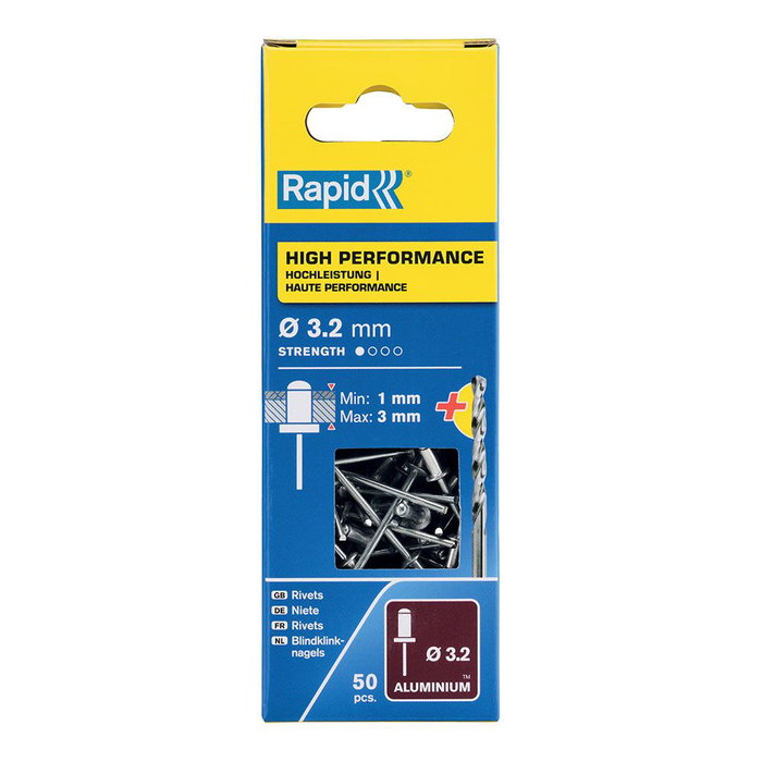 Rapid Remaches à tête fraisée aluminium Ø 3.2 x 6 mm blister 50 pièces + foret métal Rapid Remaches à tête fraisée aluminium Ø 3.2 x 6 mm blister 50 pièces + foret métal