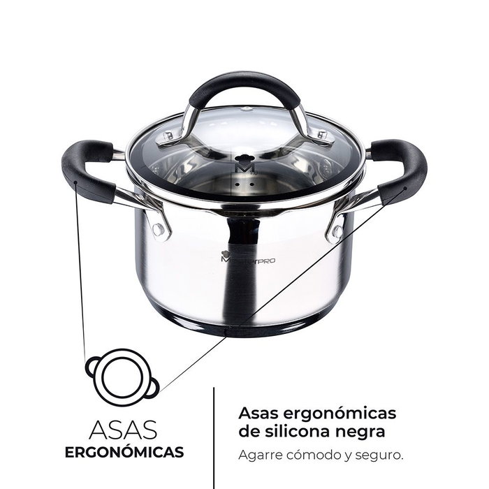 Masterpro Foodies BGMP-1504-BK Olla en acier inoxydable Ø16x10cm 1,8L avec couvercle en verre Compatible induction