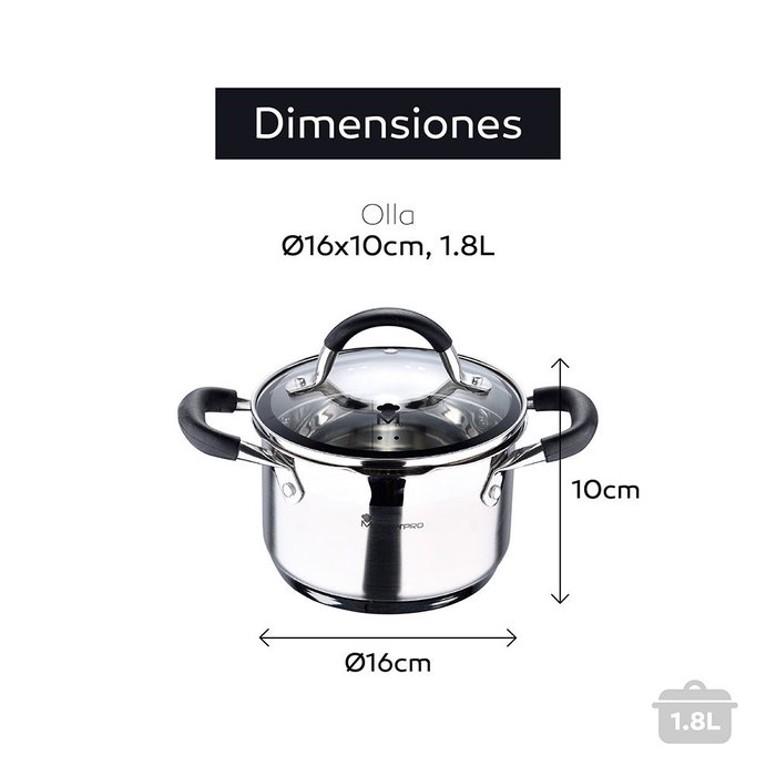 Masterpro Foodies BGMP-1504-BK Olla en acier inoxydable Ø16x10cm 1,8L avec couvercle en verre Compatible induction
