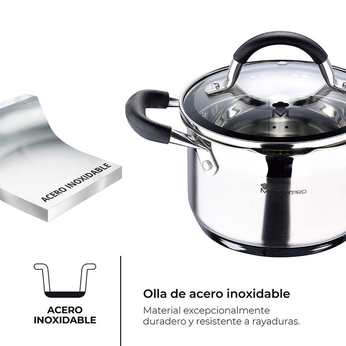 Masterpro Foodies BGMP-1504-BK Olla en acier inoxydable Ø16x10cm 1,8L avec couvercle en verre Compatible induction