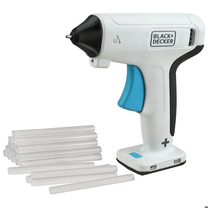 BLACK+DECKER BCGL115-XJ - Pistolet à colle sans fil 3,6V avec batterie, chauffe rapide 30s, LED intégrée et 20 sticks de colle inclus - Pour bricolage