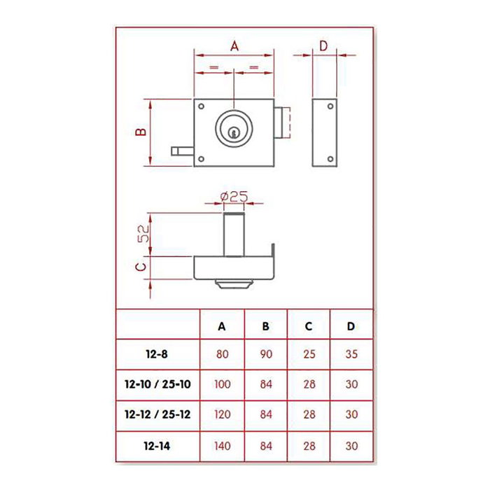 Serrure en applique Jis 12-12i Doré 52 mm Gauche 120 mm Recouvrir