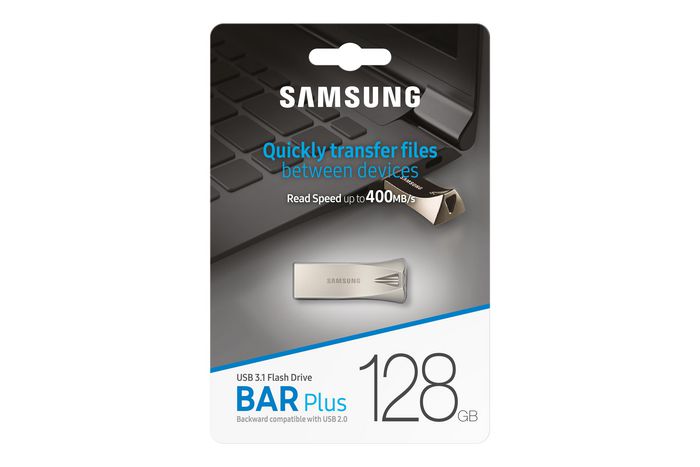 Samsung Bar Plus 128GB - Clé USB 3.1 Flash Drive - Jusqu'à 300MB/s Lecture - Métal Unibody - Résistante à l'eau, aux chocs, aux températures, au magnétisme et aux rayons X