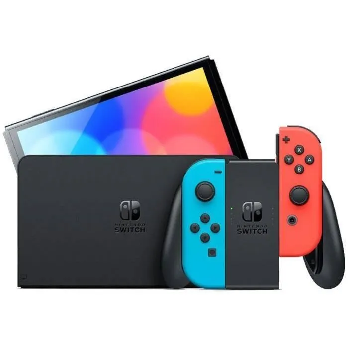 Nintendo Switch - Console OLED Bleu Néon & Rouge Néon avec Écran OLED 7 Pouces, 64 Go de Stockage, Audio Amélioré, Station d'Accueil et Manettes Joy-Con Détachables