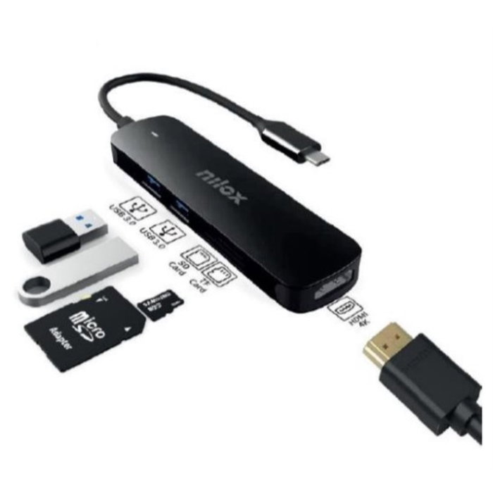 Nilox NXDSUSBC05 Hub USB-C 5 en 1 avec HDMI 4K/30Hz, 2x USB 3.0, Lecteur SD/Micro SD, Aluminium Noir Nilox NXDSUSBC05 Hub USB-C 5 en 1 avec HDMI 4K/30Hz, 2x USB 3.0, Lecteur SD/Micro SD, Aluminium Noir