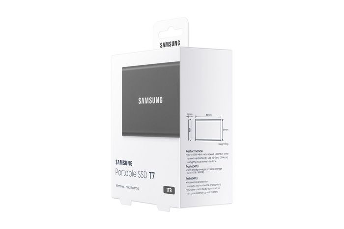 Samsung Portable SSD T7 - Disque SSD Externe 1 TB USB 3.2 Gen 2, jusqu'à 1050/1000 MB/s, Compact, Résistant aux chocs, Chiffrement AES 256-bit Samsung Portable SSD T7 - Disque SSD Externe 1 TB USB 3.2 Gen 2, jusqu'à 1050/1000 MB/s, Compact, Résistant aux chocs, Chiffrement AES 256-bit