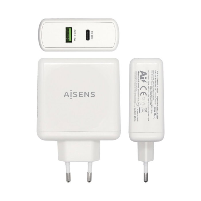 Chargeur Voiture Mur Aisens ASCH-2PD30QC-W 48 W Blanc Chargeur Voiture Mur Aisens ASCH-2PD30QC-W 48 W Blanc