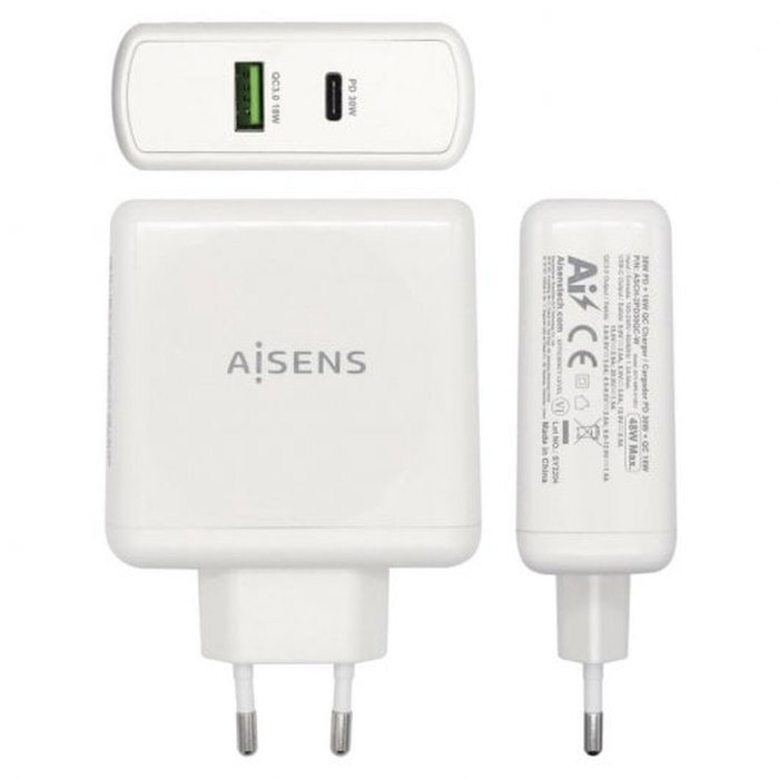Chargeur Voiture Mur Aisens ASCH-2PD30QC-W 48 W Blanc Chargeur Voiture Mur Aisens ASCH-2PD30QC-W 48 W Blanc