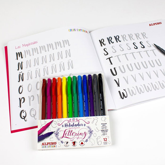 Alpino Set d'Initiation au Lettering AR001052 avec 12 Stylos Dual Artist et Livre Guide Pas-à-Pas