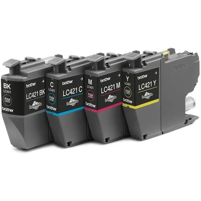 Brother Pack de 4 cartouches d'encre LC421VAL Noir, Cyan, Magenta, Jaune - Capacité standard 200 pages - Compatible DCP-J1050DW