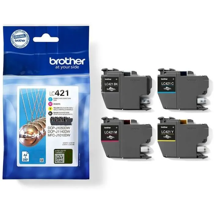 Brother Pack de 4 cartouches d'encre LC421VAL Noir, Cyan, Magenta, Jaune - Capacité standard 200 pages - Compatible DCP-J1050DW