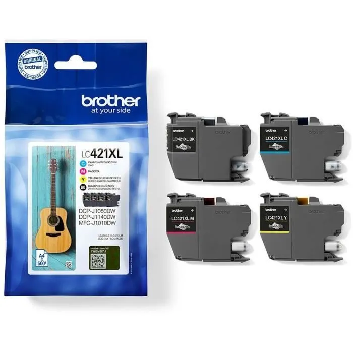 Brother - Pack de 4 cartouches d'encre LC421XLVAL (Noir, Cyan, Magenta, Jaune) Haute capacité 500 pages - Compatible DCP-J1050DW, MFC-J1010DW, DCP-J1140DW
