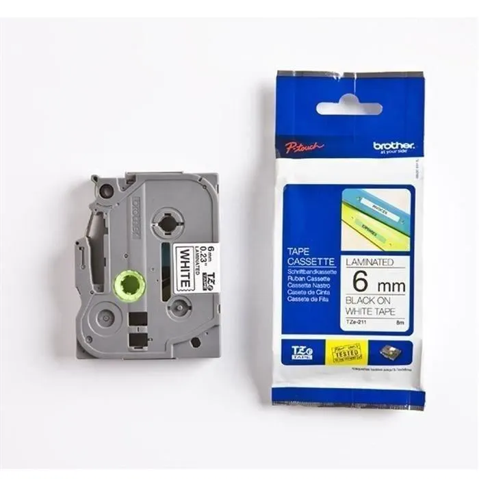Brother Ruban TZE-211 - Noir sur blanc - 6mm - Ruban laminé pour étiqueteuses P-Touch PT-D210, PT-D600, PT-H110 - 8m Brother Ruban TZE-211 - Noir sur blanc - 6mm - Ruban laminé pour étiqueteuses P-Touch PT-D210, PT-D600, PT-H110 - 8m
