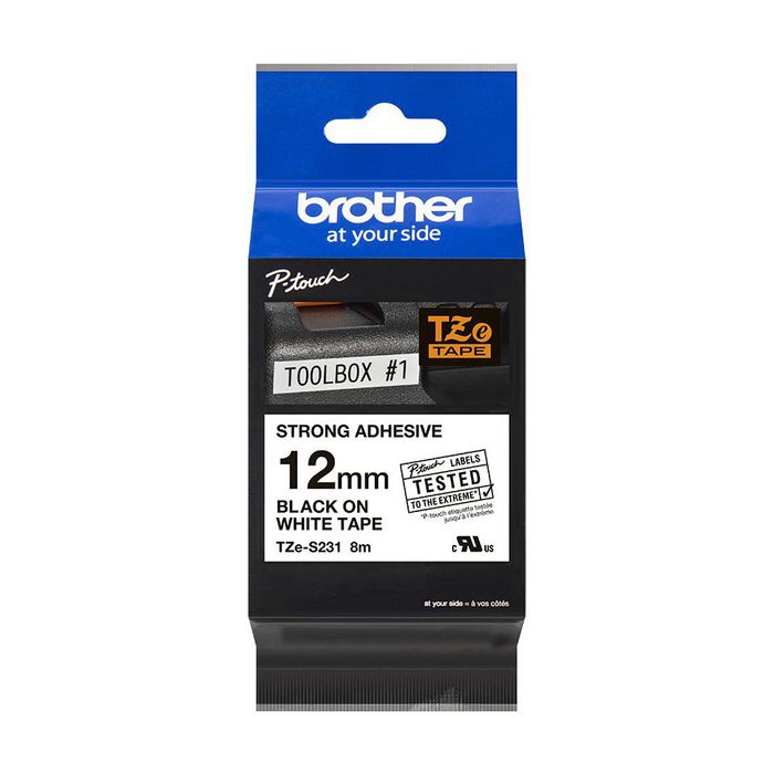 Brother Ruban adhésif TZe-S231 pour étiqueteuse, noir sur blanc, adhésif puissant pour usage intérieur/extérieur, 12 mm de large