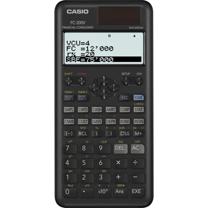 Casio FC-200V - Calculatrice Scientifique avec Fonctions Financières - Écran 4 Lignes - Alimentée par Piles et Énergie Solaire - Gris - 103 g