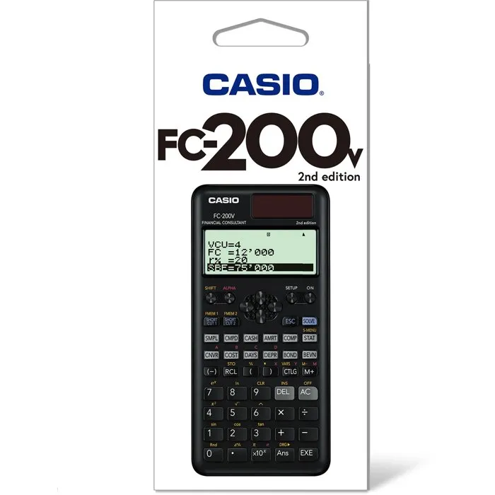 Casio FC-200V - Calculatrice Scientifique avec Fonctions Financières - Écran 4 Lignes - Alimentée par Piles et Énergie Solaire - Gris - 103 g