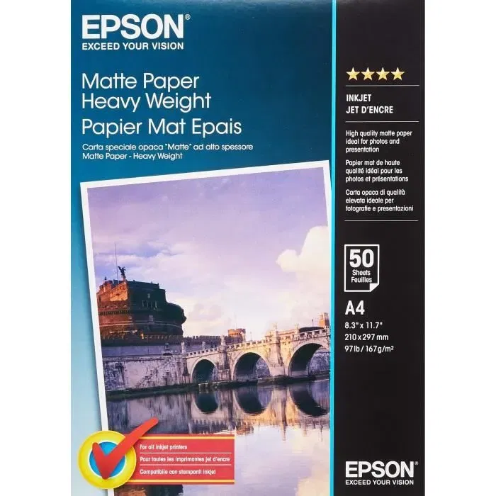 Epson Papier Photo Mat S041256, 50 Feuilles A4, 167 g/m² pour Imprimantes Jet d'Encre, Haute Qualité d'Impression