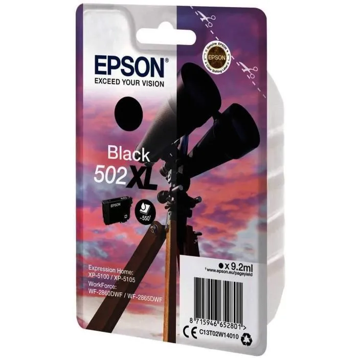 Epson Cartouche d'encre 502 XL Noir Haute Capacité - 550 pages - Pour Expression Home XP-5100/5105, WorkForce WF-2860DWF/2865DWF (C13T02W14010)