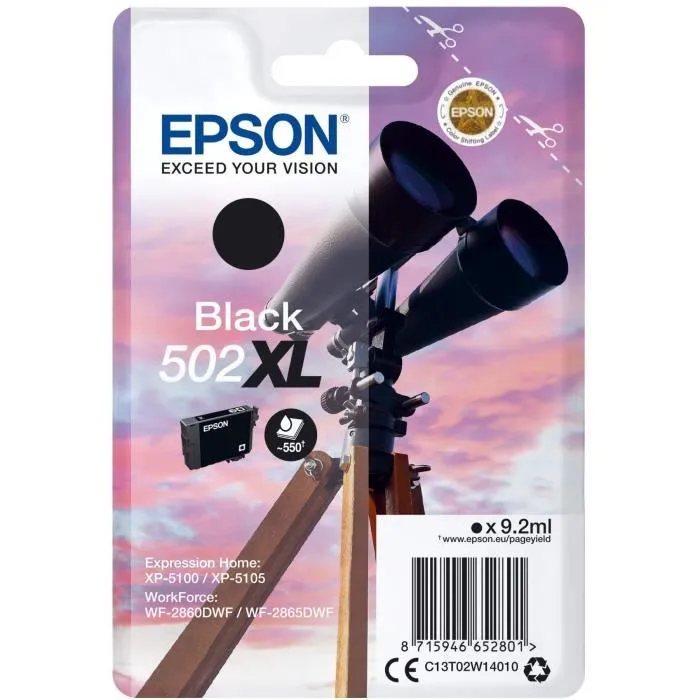 Epson Cartouche d'encre 502 XL Noir Haute Capacité - 550 pages - Pour Expression Home XP-5100/5105, WorkForce WF-2860DWF/2865DWF (C13T02W14010)