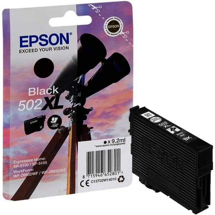 Epson Cartouche d'encre 502 XL Noir Haute Capacité - 550 pages - Pour Expression Home XP-5100/5105, WorkForce WF-2860DWF/2865DWF (C13T02W14010)
