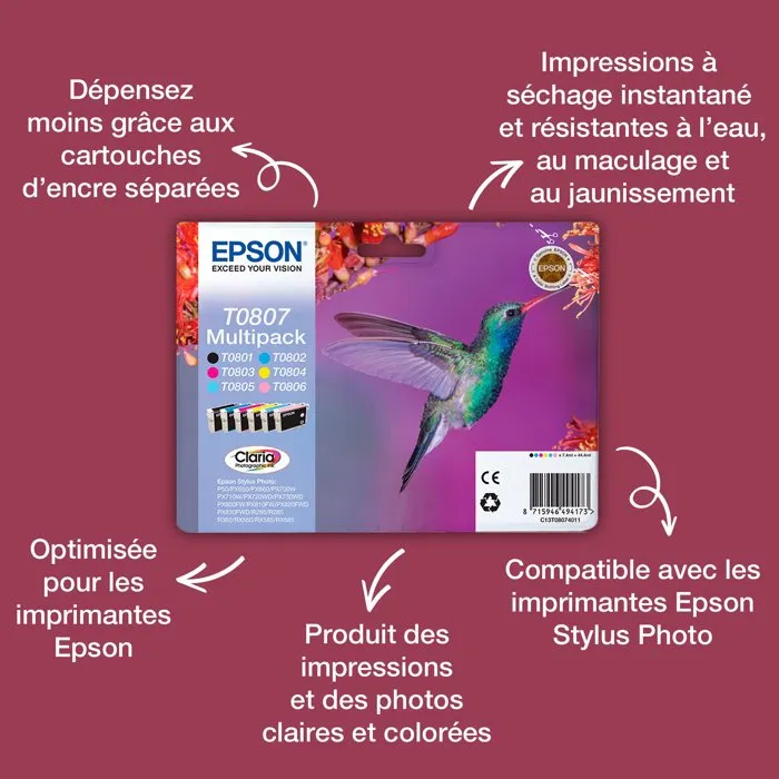 Epson Multipack Claria Colibri T0807 (BK, C, M, Y, LM, LC) de 6 cartouches