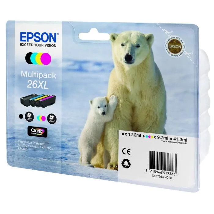 Epson C13T26364010 - Cartouches d'encre XL Multipack - Noir, Cyan, Magenta, Jaune - Pour imprimantes compatibles