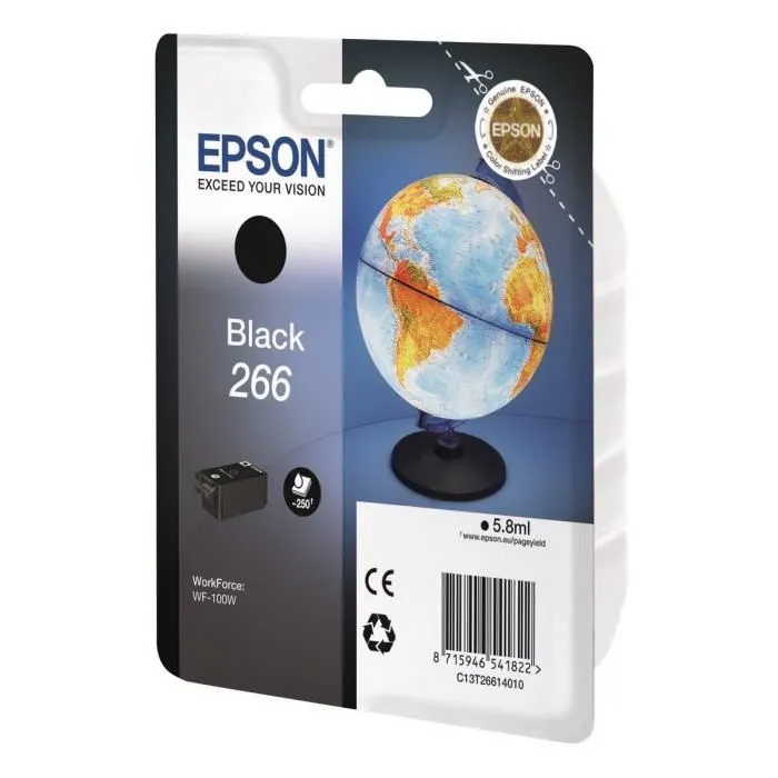 Epson Cartouche d'encre noire C13T26614010 - Série Globe, 6 ml, résistante à l'eau, rendement 250 pages, compatible Epson WorkForce WF-100W Epson Cartouche d'encre noire C13T26614010 - Série Globe, 6 ml, résistante à l'eau, rendement 250 pages, compatible Epson WorkForce WF-100W