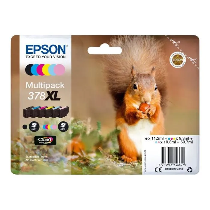 Epson Multipack 378 XL - 6 Cartouches d'encre Premium pour photos (Noir, Jaune, Cyan, Magenta, Cyan clair, Magenta clair) - Compatible Expression Home XP-8605, XP-8606 Epson Multipack 378 XL - 6 Cartouches d'encre Premium pour photos (Noir, Jaune, Cyan, Magenta, Cyan clair, Magenta clair) - Compatible Expression Home XP-8605, XP-8606