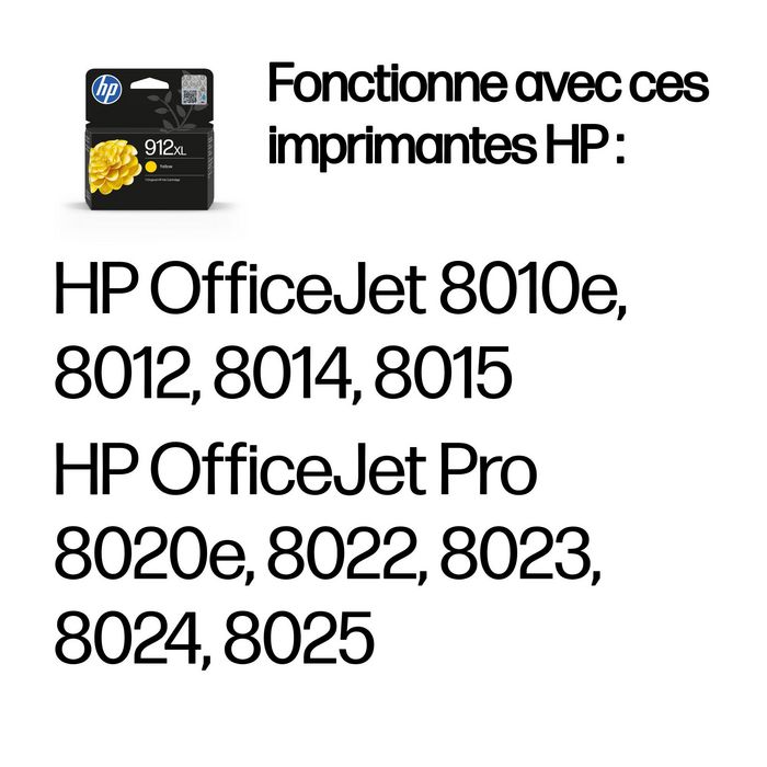 HP 912XL Cartouche d'encre jaune authentique - Grande capacité haut rendement - Compatible OfficeJet 8010e, 8012, 8014, 8015, OfficeJet Pro 8020, 8022, 8023, 8024, 8025