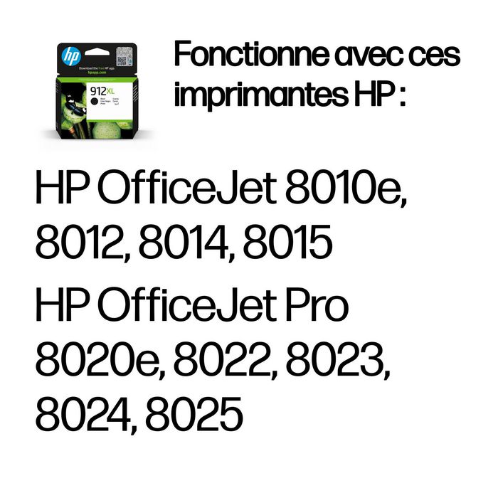 HP Cartouche d'encre noire 912XL grande capacité (~825 pages) pour OfficeJet 8010e/8012/8014/8015 et OfficeJet Pro 8020e/8022/8023/8024/8025