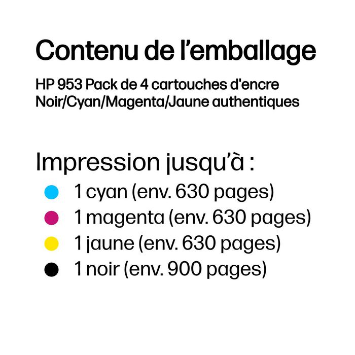 HP Multipack de 4 Cartouches d'Encre 953 (Noir, Cyan, Magenta, Jaune) HP Multipack de 4 Cartouches d'Encre 953 (Noir, Cyan, Magenta, Jaune)