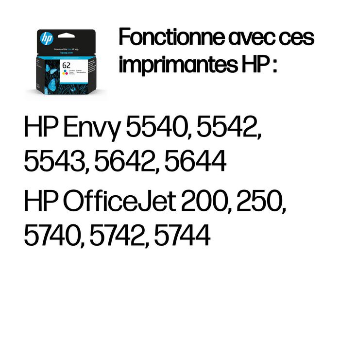 HP Cartouche d'encre 62 authentique Trio Couleurs (Cyan, Magenta, Jaune) pour imprimantes ENVY 5540-5644, OfficeJet 200-5744