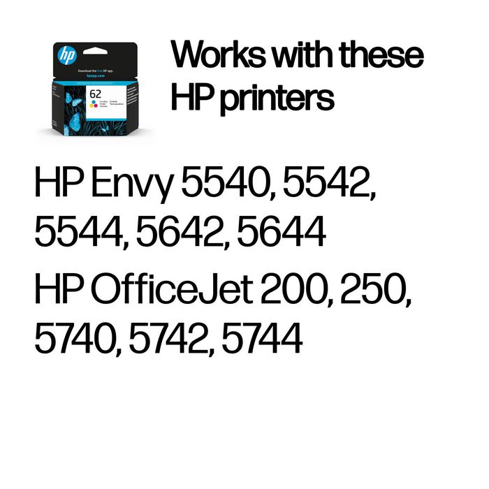 HP Cartouche d'encre 62 authentique Trio Couleurs (Cyan, Magenta, Jaune) pour imprimantes ENVY 5540-5644, OfficeJet 200-5744