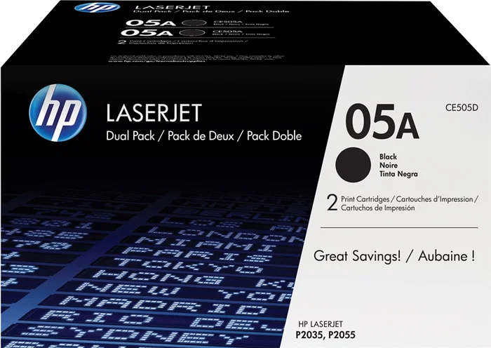 HP Cartouche Toner HP 05A Multipack Noir (CE505D) Lot de 2 Cartouches LaserJet Originales HP Cartouche Toner HP 05A Multipack Noir (CE505D) Lot de 2 Cartouches LaserJet Originales
