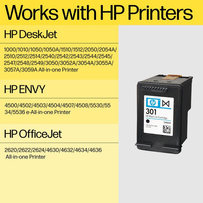 HP Cartouche d'encre authentique 301 Noir - Haute qualité d'impression fiable pour usage domestique et professionnel