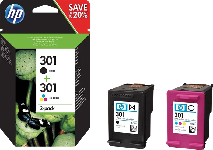 HP Cartouche d'encre 301 Multipack Noir et Couleurs (N9J72AE) 2x Tintas HP 301 CH561EE + CH562EE 320 pages