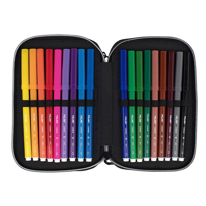 Milan Trousse 2 étages Sunset avec contenu scolaire, noir et rose, 19,5 x 13 x 5 cm, polyestère