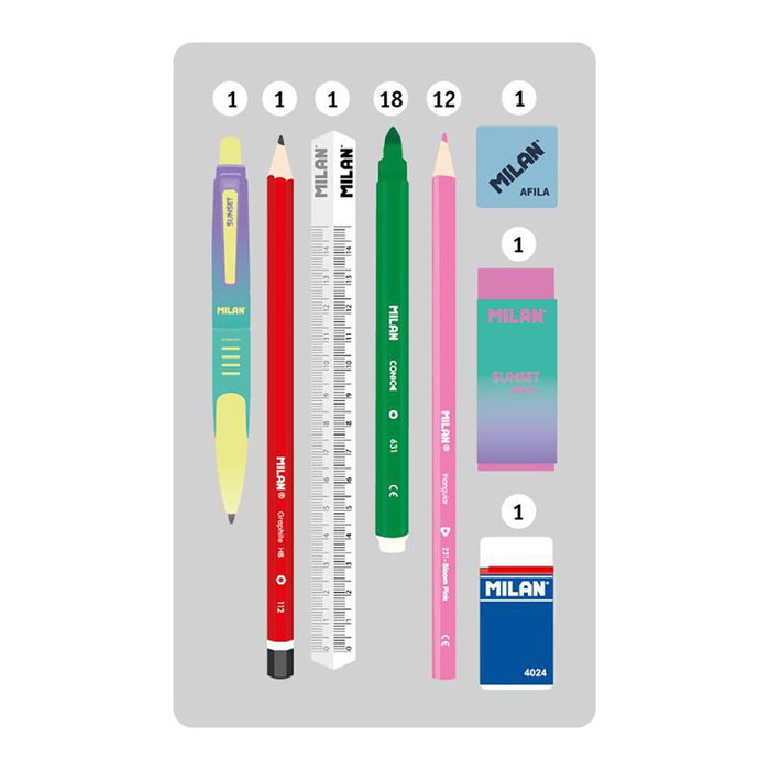 Milan Trousse 2 étages Sunset avec contenu scolaire, noir et rose, 19,5 x 13 x 5 cm, polyestère