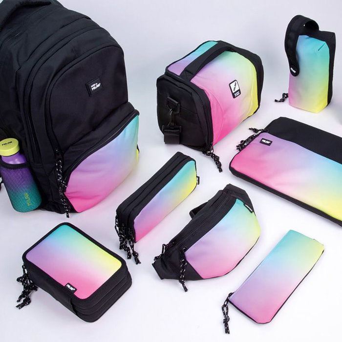 Milan Trousse 2 étages Sunset avec contenu scolaire, noir et rose, 19,5 x 13 x 5 cm, polyestère