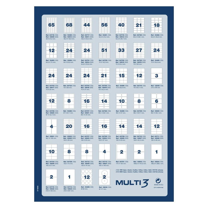 Étiquettes adhésives MULTI 3 Blanc Droit 500 Volets 70 x 42,4 mm (24 Unités)