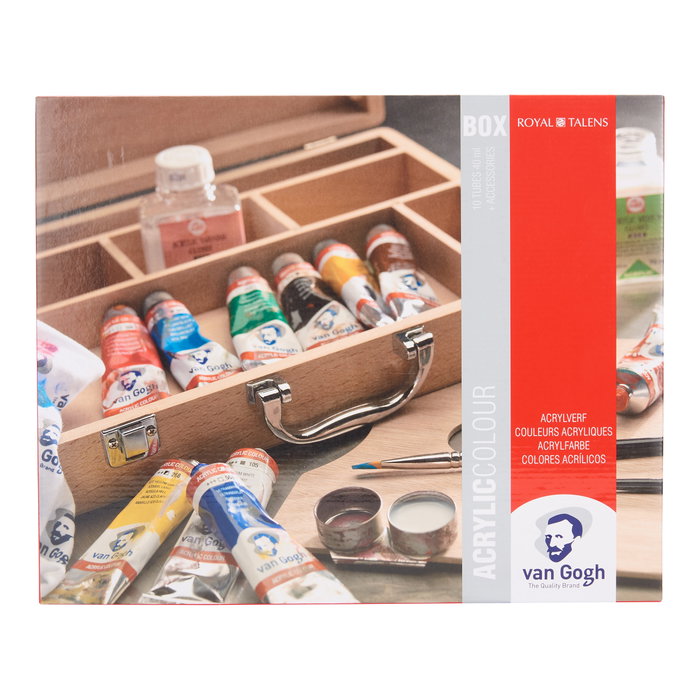 Van Gogh Set de peintures acryliques en boîte en bois avec 10 couleurs de 40 ml et accessoires Van Gogh Set de peintures acryliques en boîte en bois avec 10 couleurs de 40 ml et accessoires