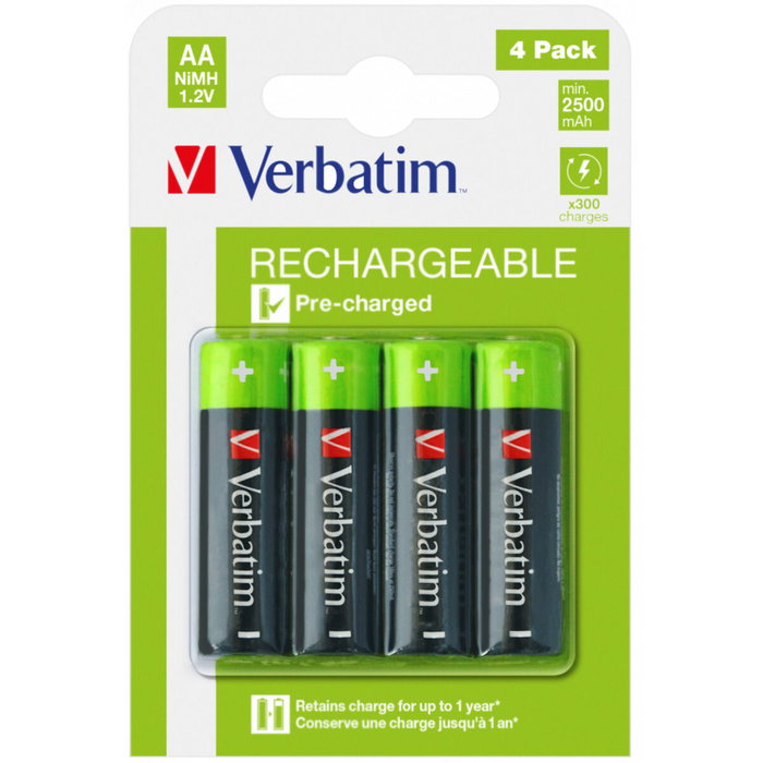 Verbatim Piles Rechargeables AA Premium HR6 1,2V 2500mAh, Pack de 4
