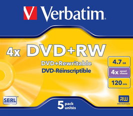 Verbatim - DVD+RW Matt Silver, 4x, 4,7 Go - Boîte de 5 disques vierges pour données, vidéo et audio