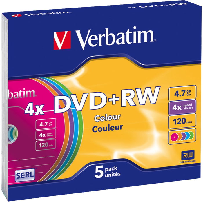 Verbatim DVD+RW 4,7 Go 4x Speed Couleur Slimcase (Lot de 5) Verbatim DVD+RW 4,7 Go 4x Speed Couleur Slimcase (Lot de 5)