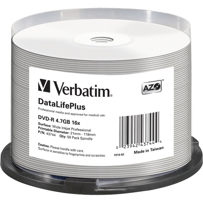 Verbatim Lot de 50 DVD-R 4,7 Go 16x Wide Printable Verbatim Lot de 50 DVD-R 4,7 Go 16x Wide Printable