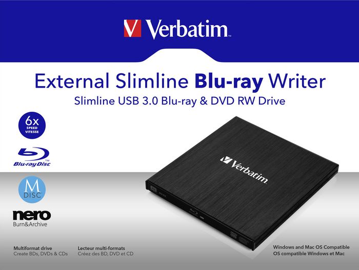 Verbatim Graveur Blu-ray Externe Ultramince avec USB 3.0 et Logiciel Nero pour Archivage et Sauvegarde de Données