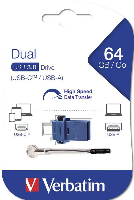 Verbatim Clé USB Store 'n' Go Dual 64 Go USB-C / USB 3.0 pour téléphone et PC, transferts rapides et sauvegarde directe